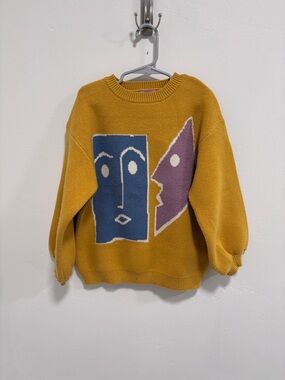Kids Mustard Graphic Face Knit Sweater